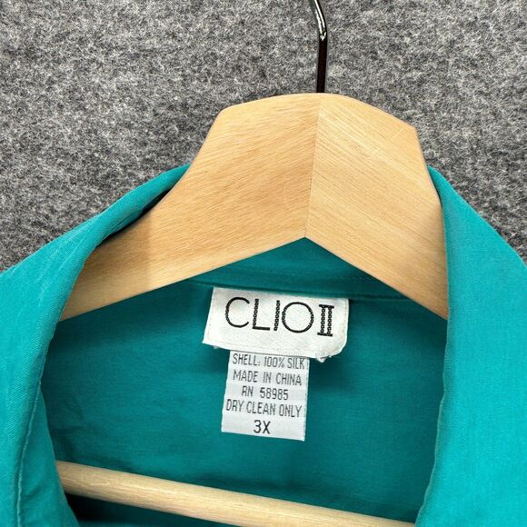 Clio II Shirt Women 3X Plus Blue Button Up Silk Long Sleeve Collared Pockets - Picture 3 of 6